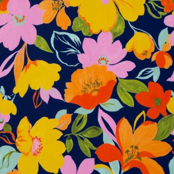Viskose Malis Blumen Apricot/Gelb/Dunkelblau